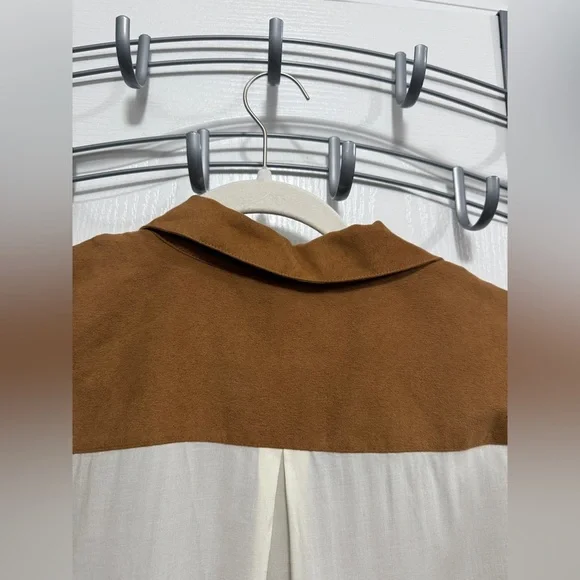 August Silk Women’s L Blouse Faux Suede Brown Cream Western Neutral Career EUC - Picture 4 of 16